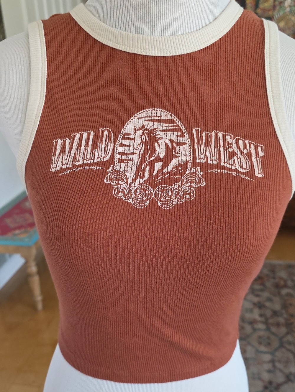 Hollister Rust Ribbed Tank with Cream Trim and White Graphic